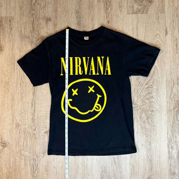 Vtg Mexico Boot Nirvana Smiley Face Logo T-Shirt Black Yellow Grunge Rock Tee - Picture 5 of 5